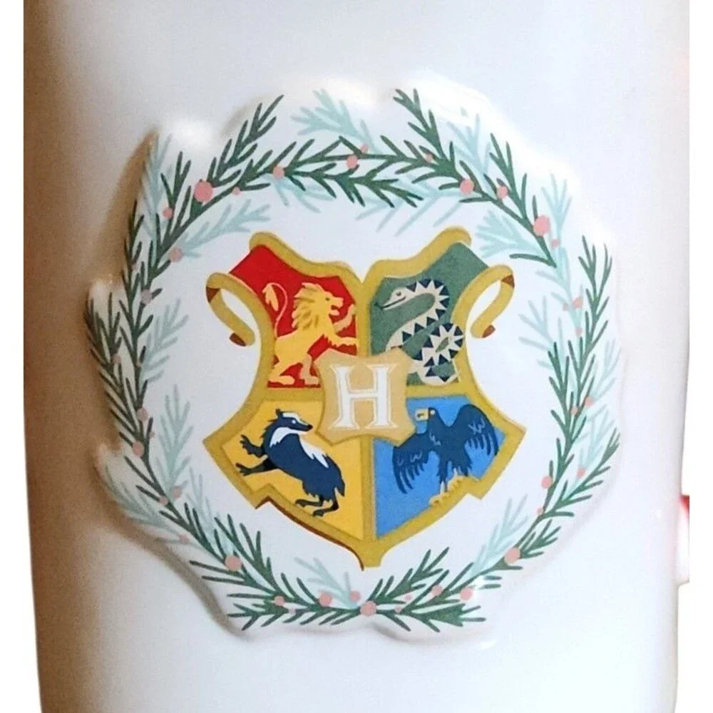 Rae Dunn Harry Potter Coffee Mug Christmas At Hogwarts White Red Embossed Crest